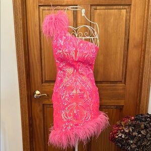 Elegant Pink Feathered Prom Dress